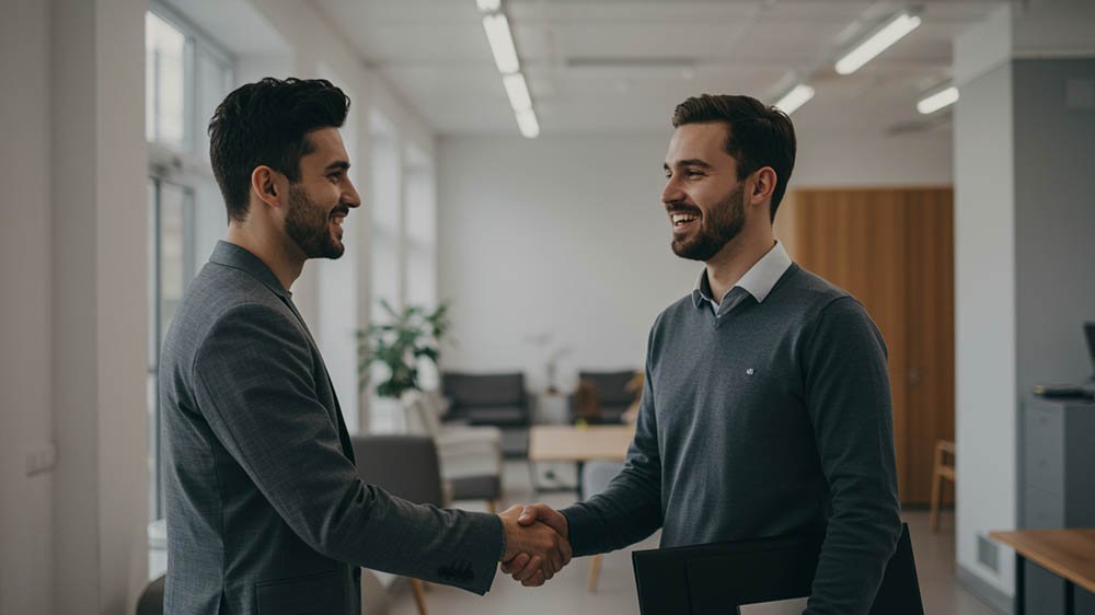 “Two individuals in business attire shaking hands in a modern office setting. One wears a suit, the other a collared shirt and sweater. The background includes chairs, tables, a plant, and bright lighting from overhead fixtures and large windows.