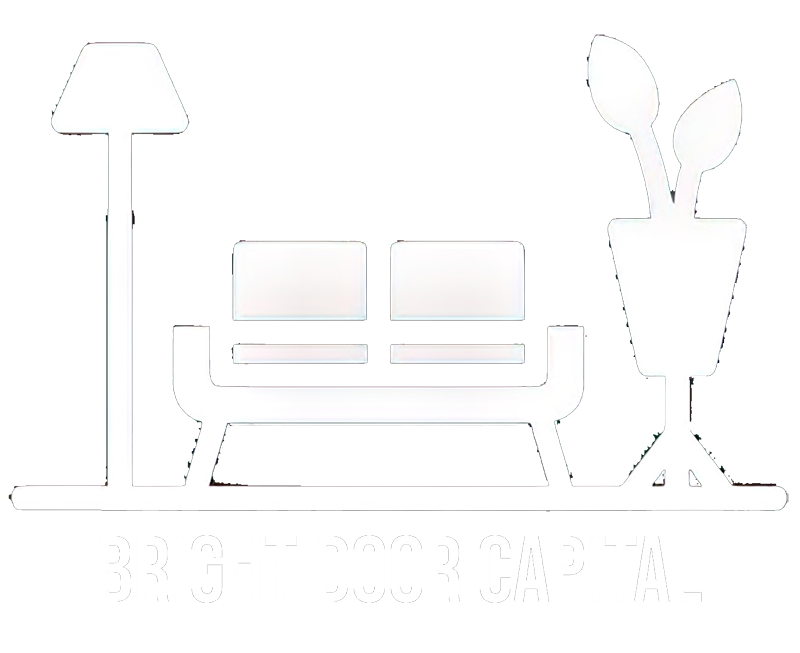 “Minimalist black-and-white graphic of a modern interior scene with a floor lamp on the left, a two-cushion sofa in the center, and a potted plant with two large leaves on the right. Below the furniture, bold white capital letters spell ‘BRIGHT DOOR CAPITAL.’”
