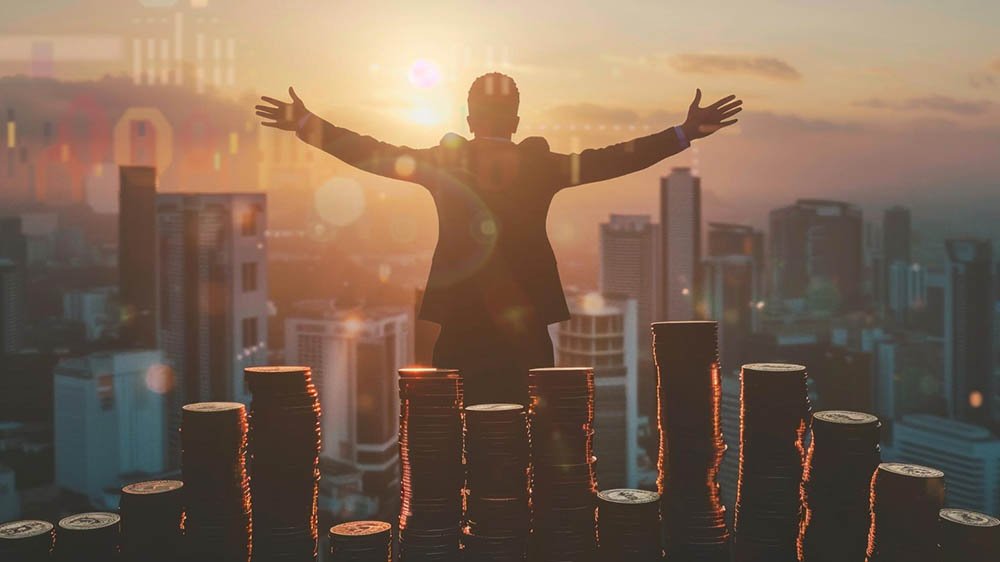 “Silhouetted figure standing with arms outstretched on a rooftop or platform, overlooking a city skyline during sunset or sunrise. Multiple stacks of coins appear in the foreground, symbolizing financial success. The background features tall buildings and a warm, dramatic sky.”