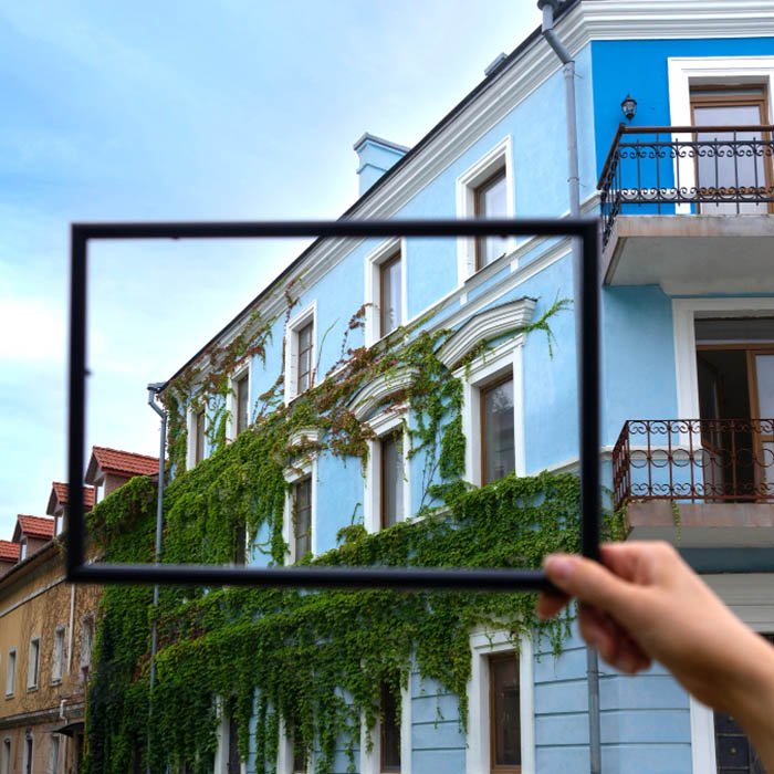 “Person holding a rectangular black frame in front of a light blue building with white trim, multiple windows, and ornate balconies. The section of the building seen through the frame is covered in green ivy, contrasting with the clean, well-maintained exterior outside the frame.”