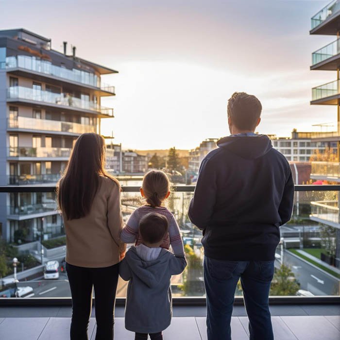 “Family of four—two adults and two children—standing on a balcony, facing away from the camera and looking out at a cityscape of modern apartment buildings during sunset. The scene is bathed in warm light, creating a peaceful and reflective atmosphere.