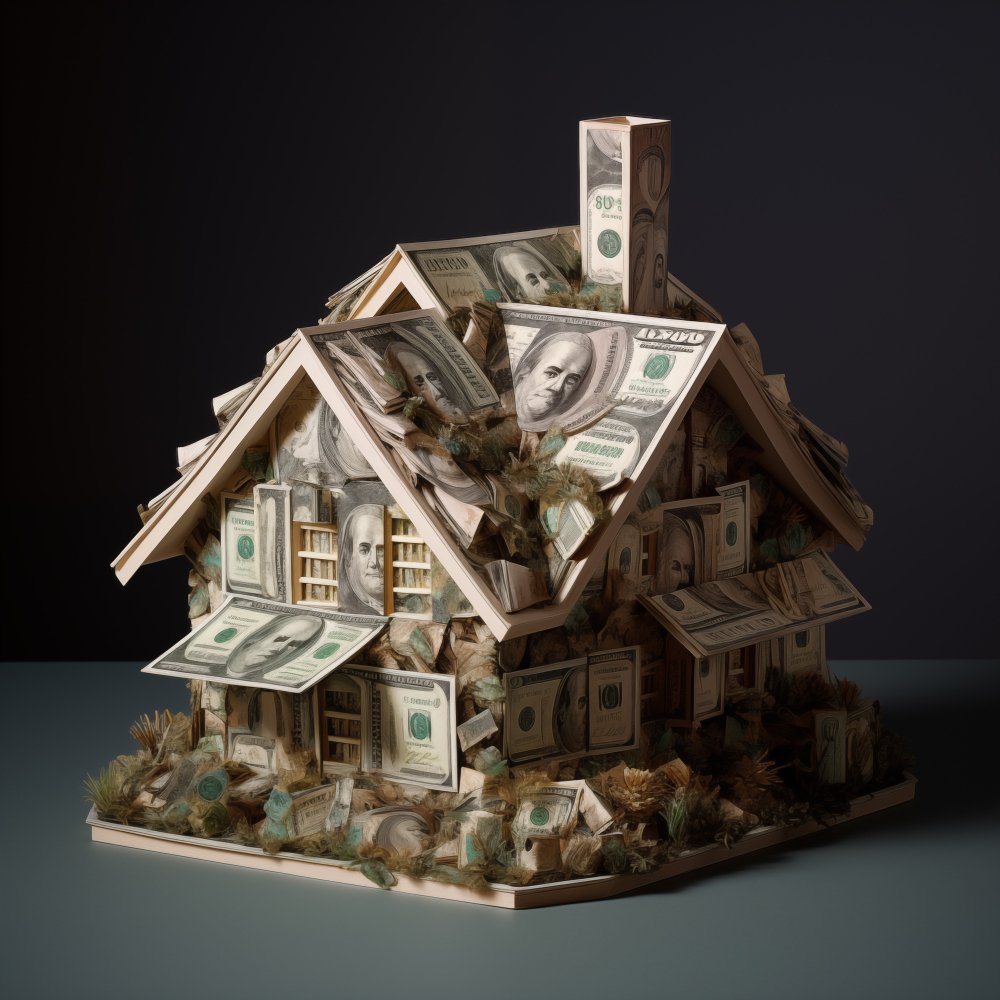 “Model of a house constructed entirely from U.S. one hundred dollar bills, with bills forming the walls, roof, windows, and chimney. The house is surrounded by tufts of grass and small plants, some appearing to be made from or mixed with currency.”
