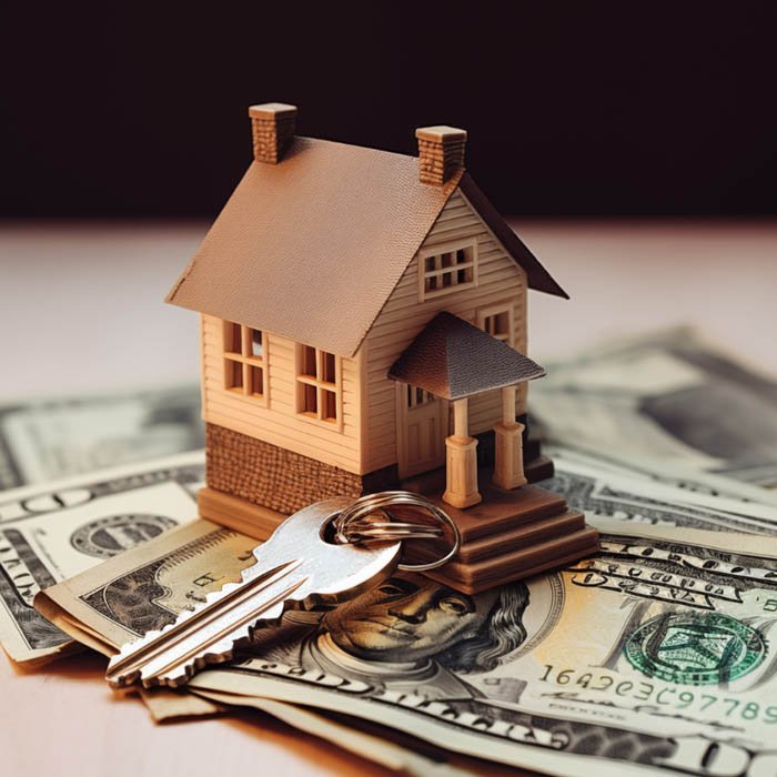“Small model house placed on top of several U.S. hundred-dollar bills, with a set of metal keys lying in front. The background is dark, and the objects rest on a light-colored wooden surface.”