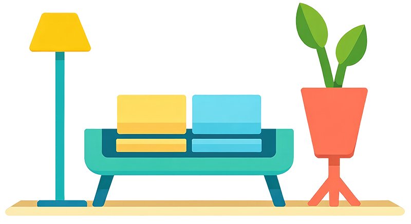 A minimalist illustration shows a modern living room scene with a yellow floor lamp on the left, a teal sofa with blue and yellow cushions in the center, and a red plant pot with green leaves on the right. The furniture sits on a light-colored platform against a simple background.