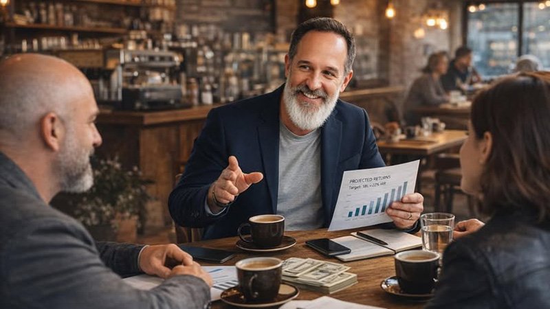 Three people sit at a wooden table in a café, discussing a printed financial chart labeled “Projected Returns, Target: 18% – 2023 Q4.” The man in the center holds the chart while the others look on. Coffee cups, documents, a smartphone, a tablet, and a stack of cash are spread across the table, with the café counter visible in the background.