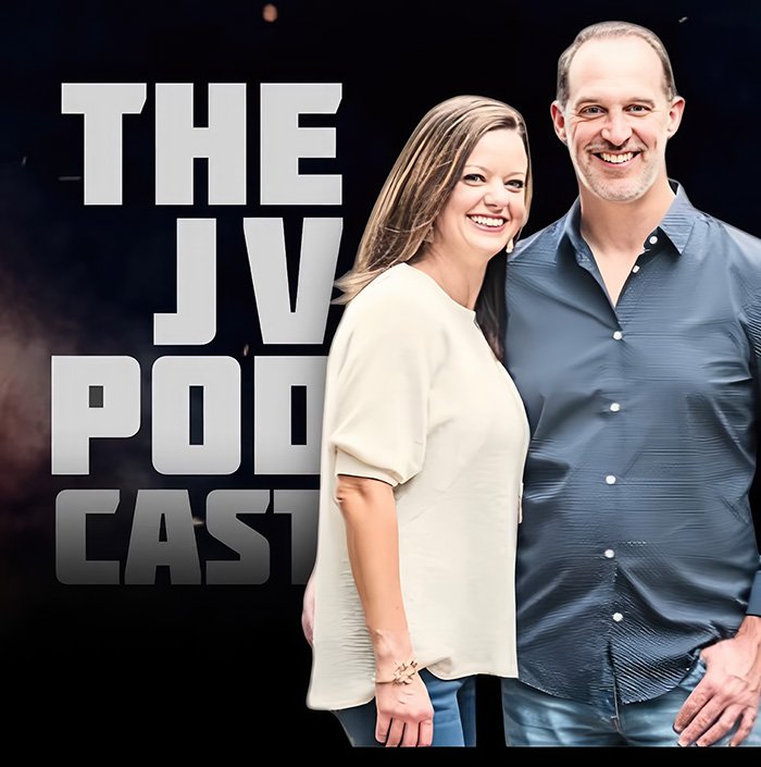 POD CAST WEB “Two smiling podcast hosts stand side by side in front of a dark background with large metallic text that reads ‘THE JV PODCAST.’”